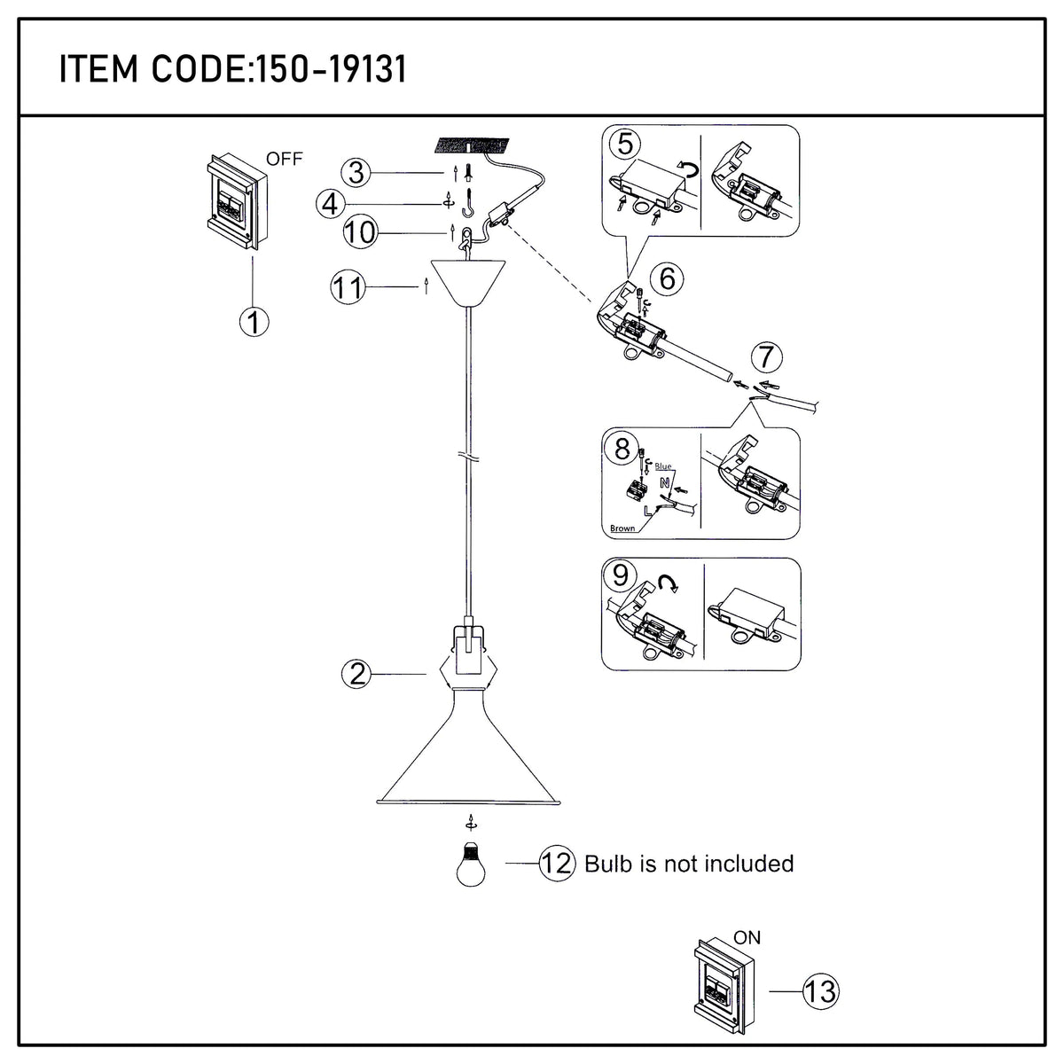 An exploded diagram of a pendant light showing the steps for installation, including wiring and attaching the shade.