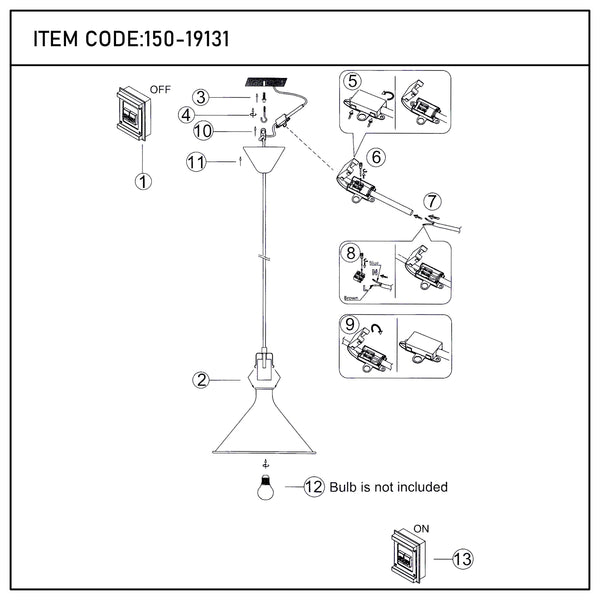 An exploded diagram of a pendant light showing the steps for installation, including wiring and attaching the shade.