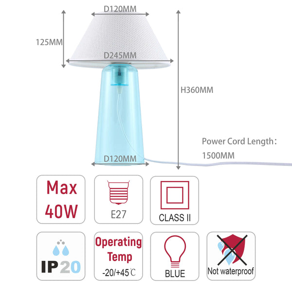 A lamp with a blue base and white lampshade. It requires an E27 bulb, has a 1500mm cord and is not waterproof.