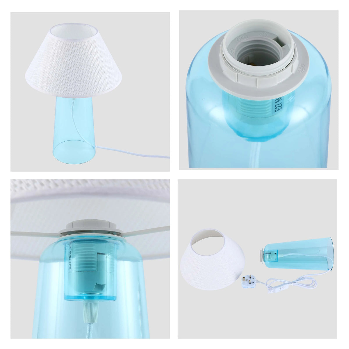 Modern table lamp with a blue base and white shade, showcased in various views to highlight design and components.