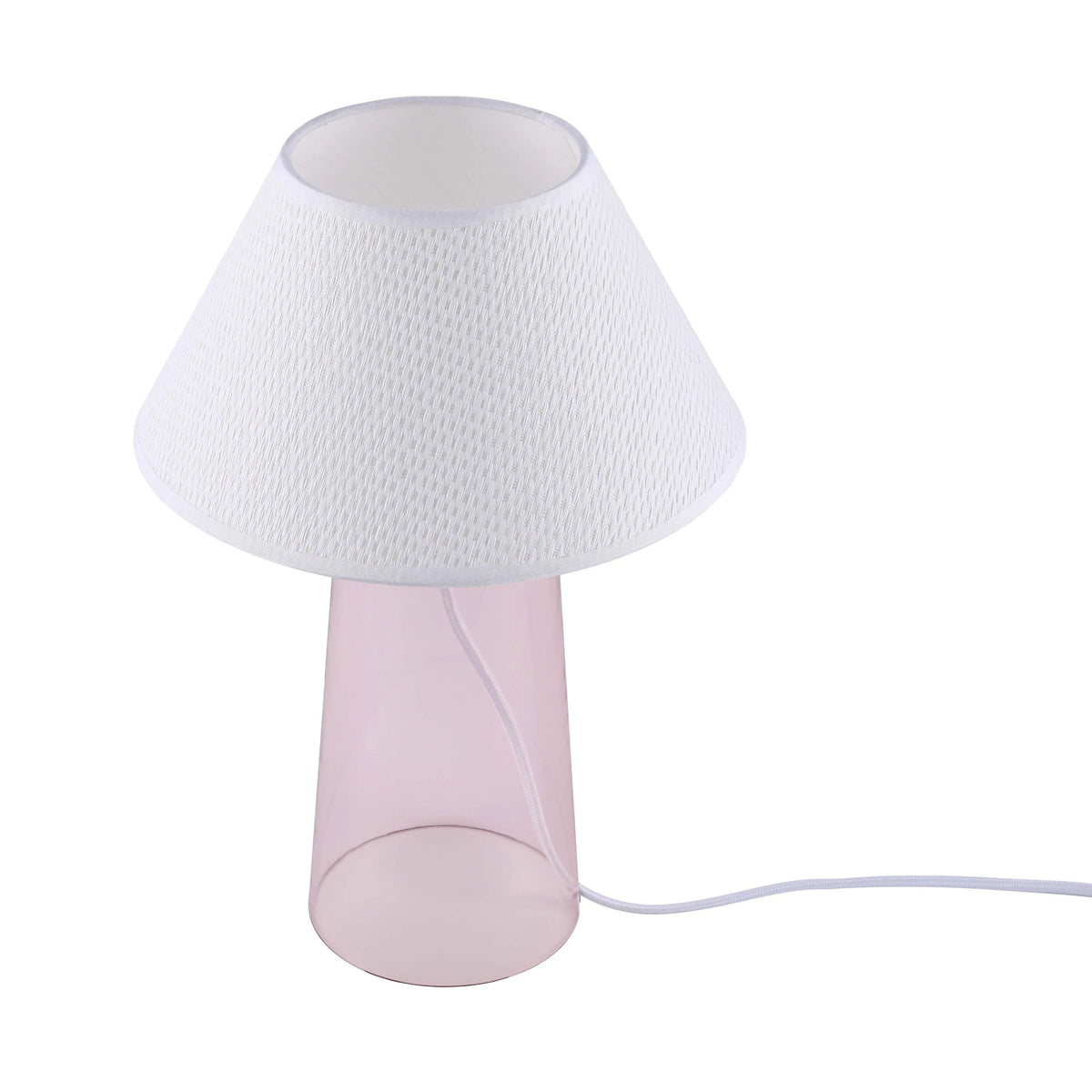 Stylish pink glass table lamp with a white textured lampshade, providing soft and ambient lighting.