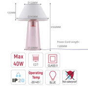 A table lamp with a pink base. It has a white lampshade and a 1500mm power cord. Not waterproof.