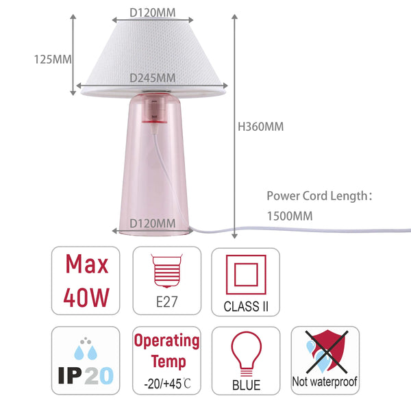 A table lamp with a pink base. It has a white lampshade and a 1500mm power cord. Not waterproof.