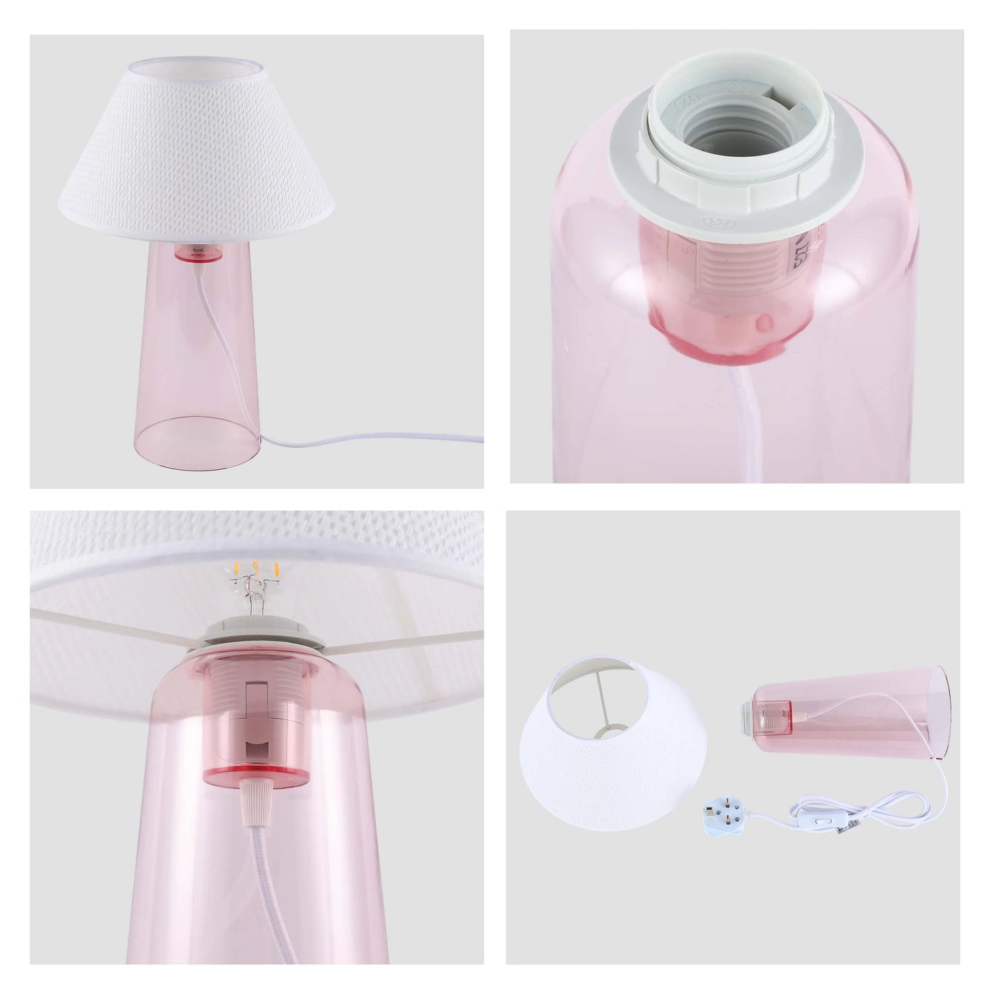 A trendy pink lamp with a white shade, adding a touch of modern elegance to any room.
