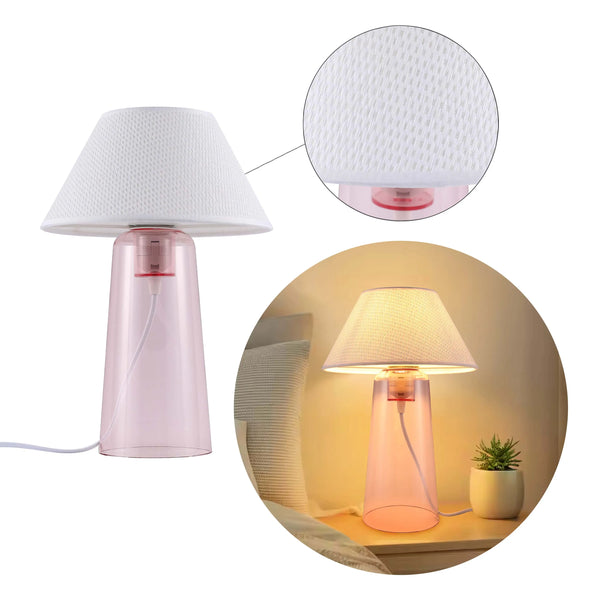 A stylish pink table lamp with a white shade, featuring a detailed close-up of the shade's texture, and an example in a bedroom setting.
