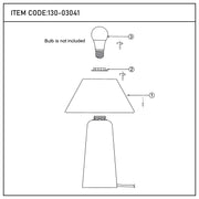 Diagram of a lamp assembly with 3 components - lampshade, lamp holder, and bulb, the bulb is not included.