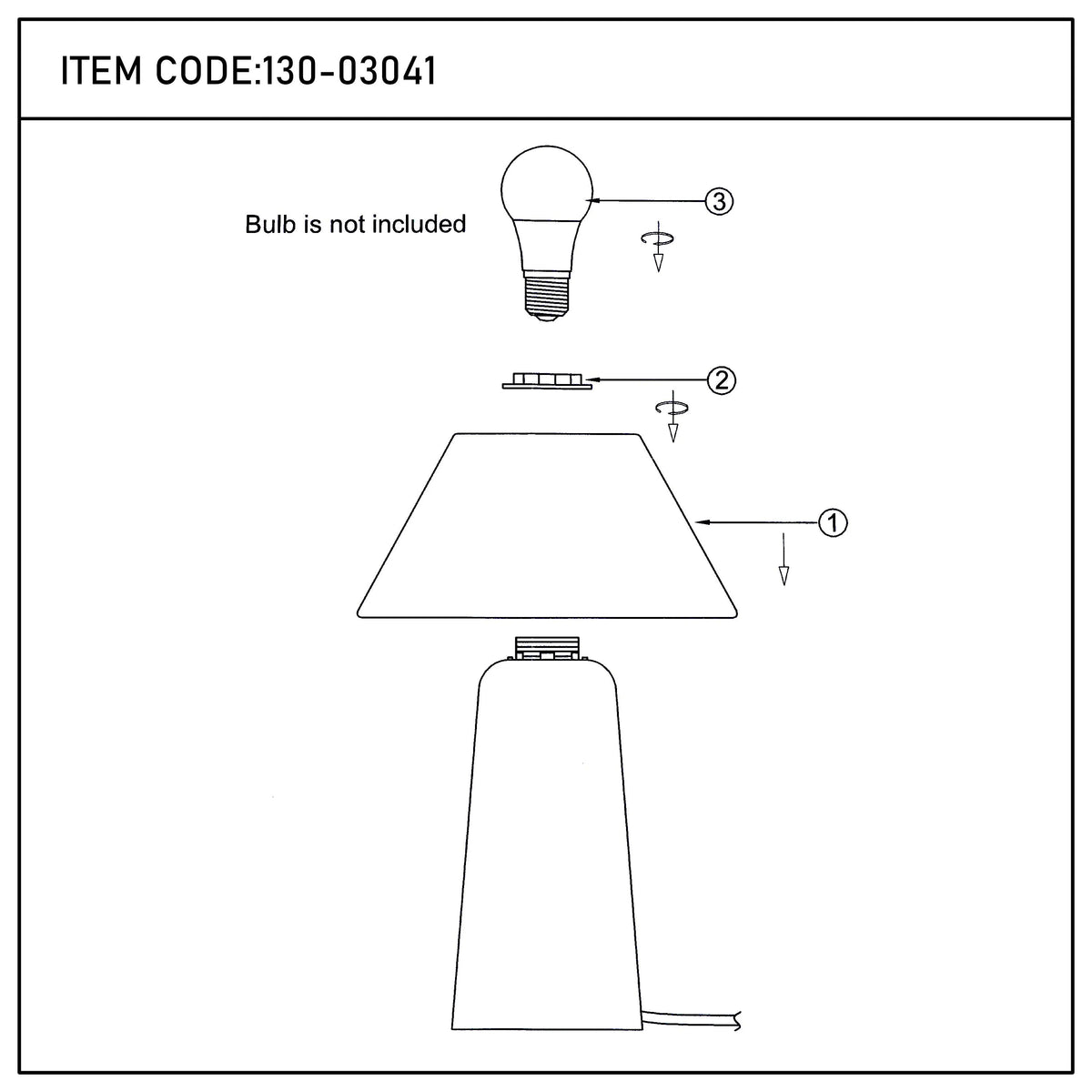 Diagram of a lamp assembly with 3 components - lampshade, lamp holder, and bulb, the bulb is not included.