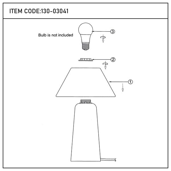 Diagram of a lamp assembly with 3 components - lampshade, lamp holder, and bulb, the bulb is not included.