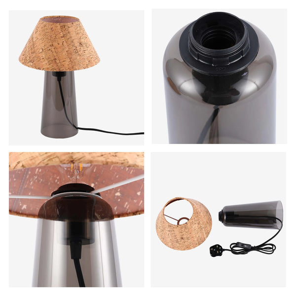 Stylish lamp with a grey smoked glass base and cork shade, offering a modern and organic lighting solution.