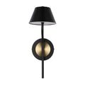 A stylish black and brass sconce wall light with a classic tapered shade, providing elegant illumination.