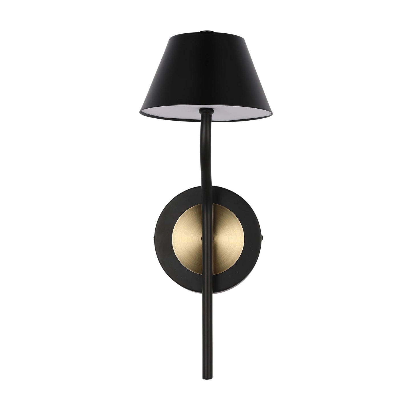 A stylish black and brass sconce wall light with a classic tapered shade, providing elegant illumination.