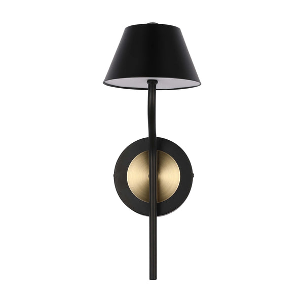 A stylish black and brass sconce wall light with a classic tapered shade, providing elegant illumination.
