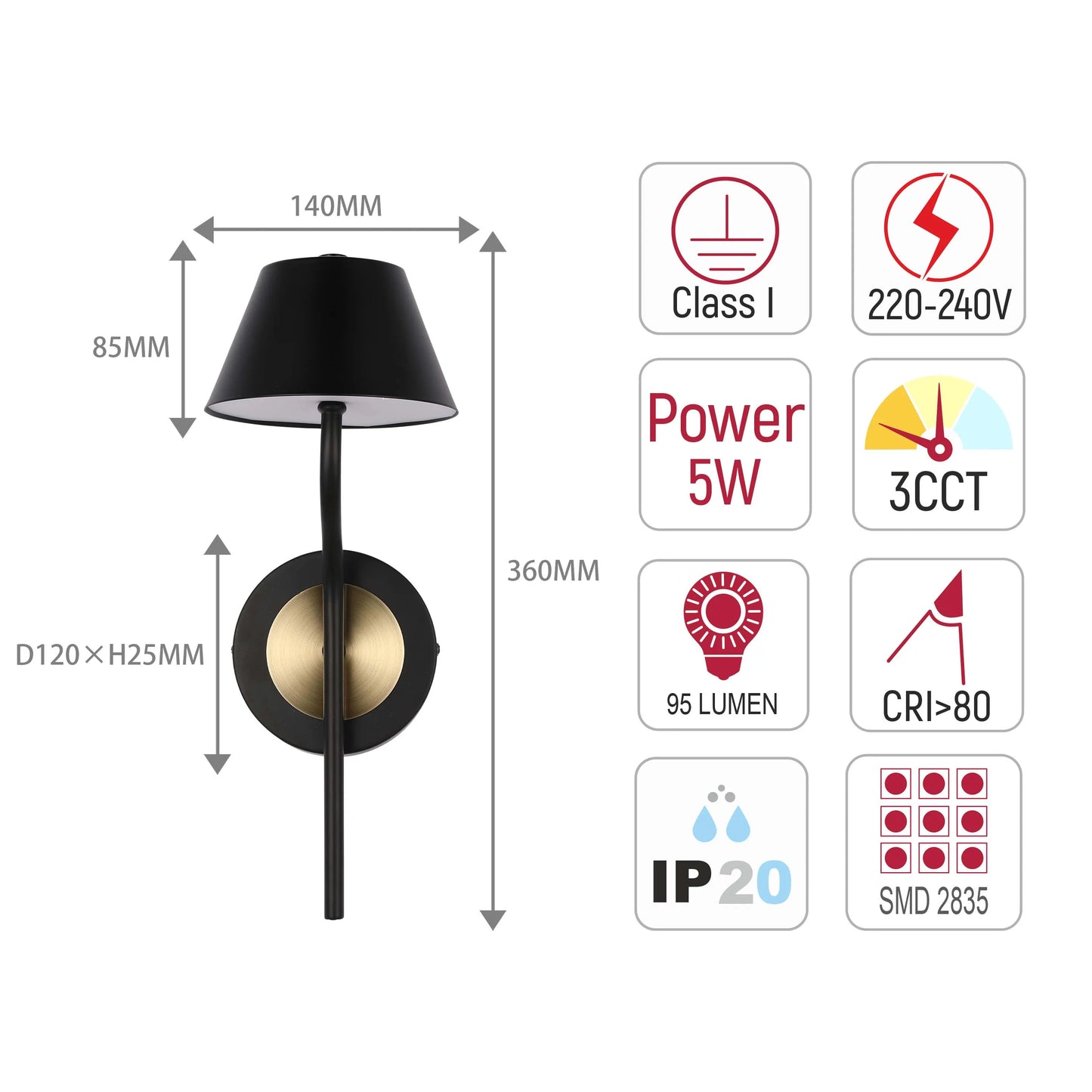 Wall light with a black shade and brass detailing. Dimensions and product details are displayed.