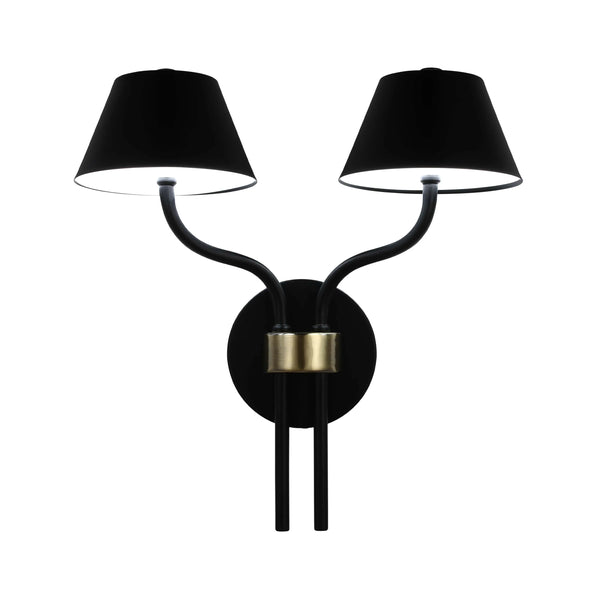 A stylish black and gold double wall light fixture with conical shades. It provides a warm and inviting ambience.