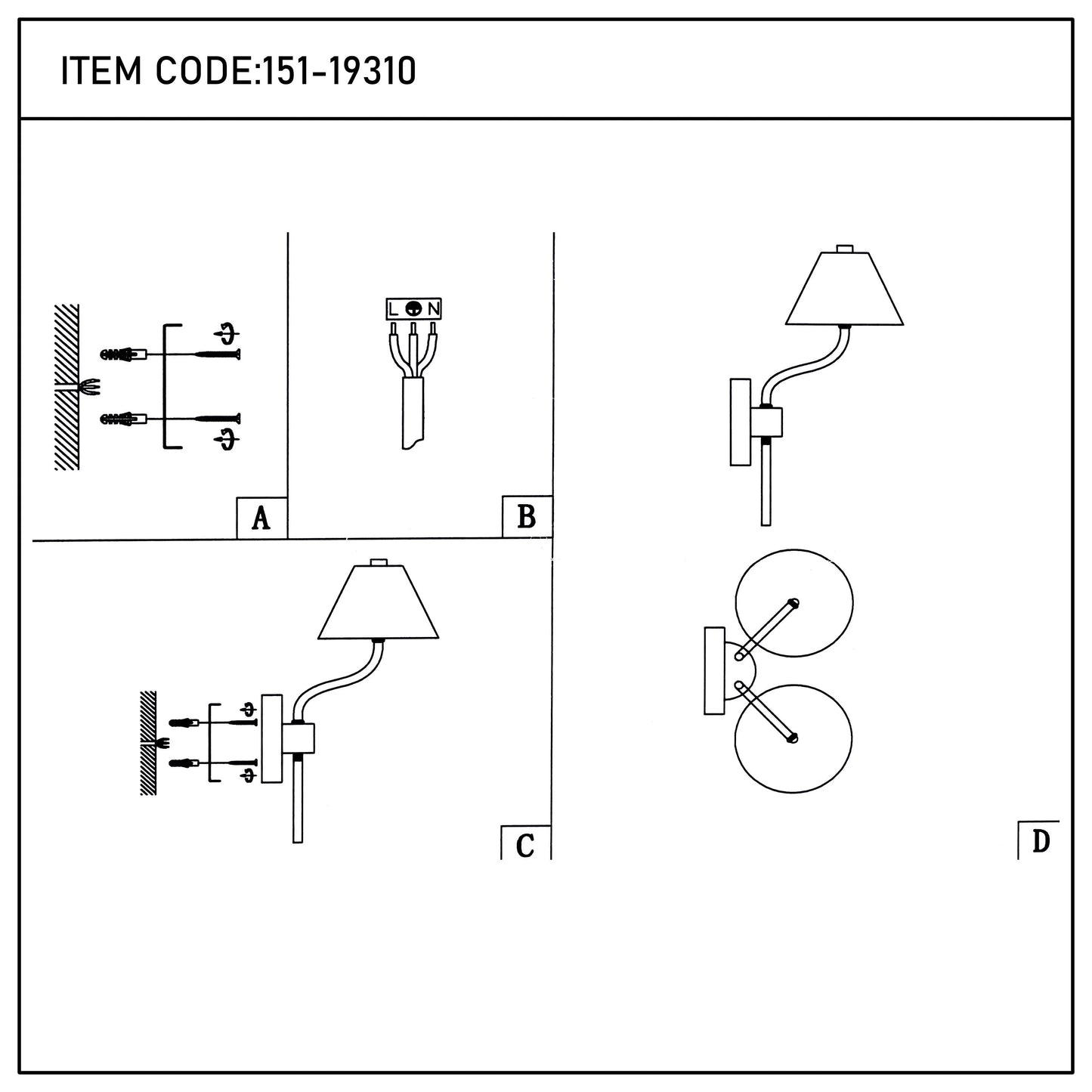 An installation guide diagram for a wall lamp, showing the stages for fitting and wiring it to the wall.