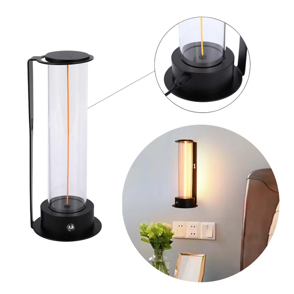 Contemporary tubular lights. One is freestanding while the other is wall-mounted emitting a warm glow.