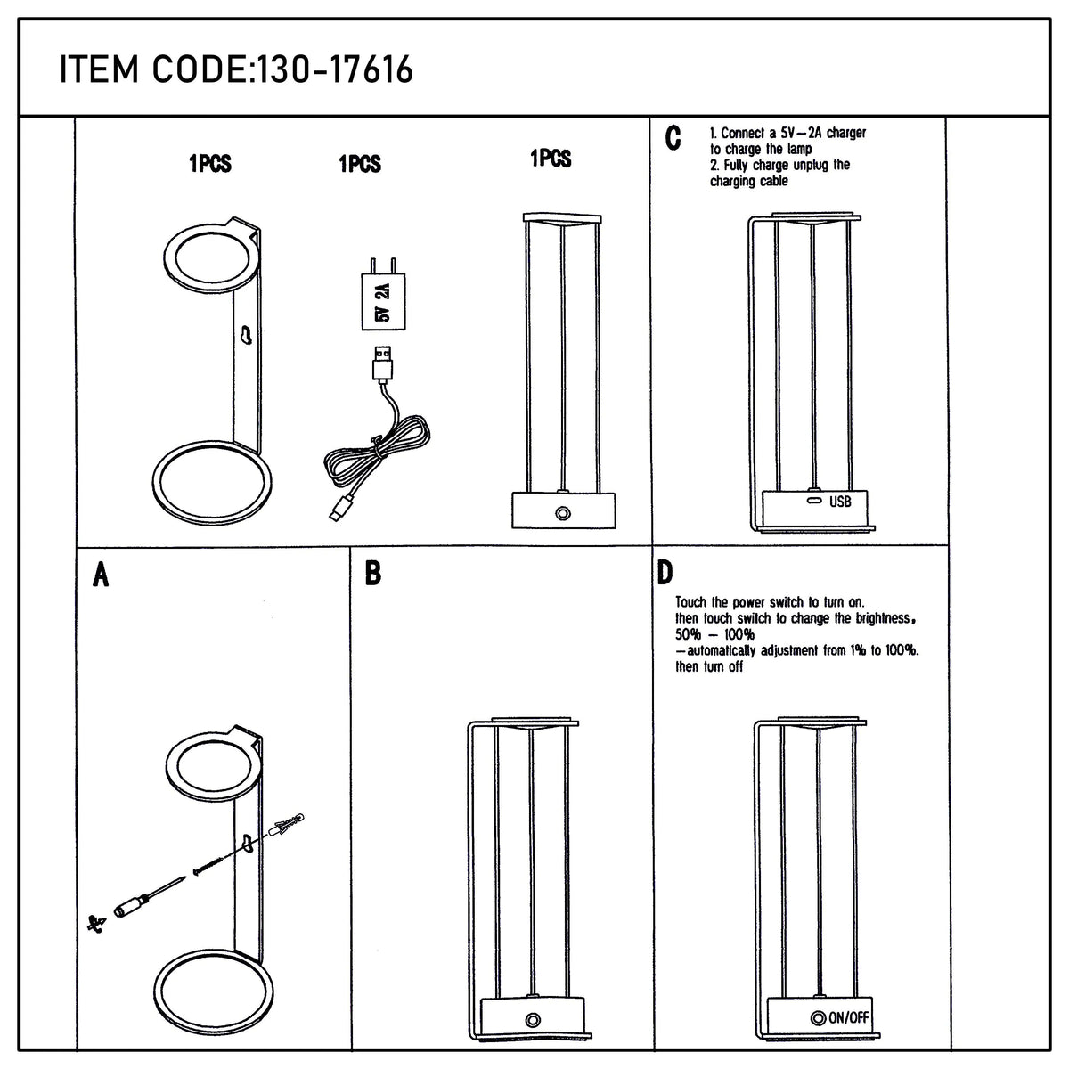 Deconstructed view of light fixture assembly and operating instructions.