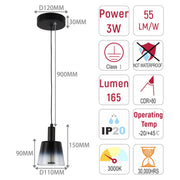 Contemporary pendant light with technical specifications: 3W, 55LM/W, 165 lumen, IP20, Class I and dimensions shown.
