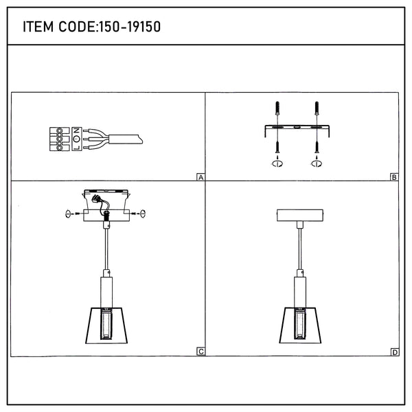 Diagram showing the stages of assembling a pendant light fitting, with numbered instructions.