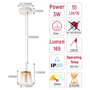 A pendant light with dimensions; power 3W, lumen 165, colour temp 3000K, life 30000 hours. Not waterproof.