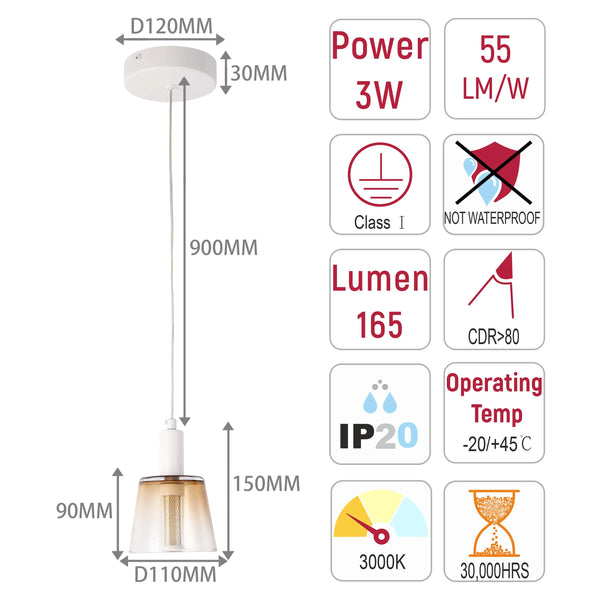 A pendant light with dimensions; power 3W, lumen 165, colour temp 3000K, life 30000 hours. Not waterproof.