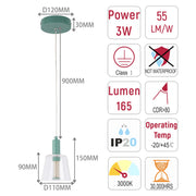Pendant light dimensions: 900mm drop, 110mm diameter shade. 3W power, 165 lumens, IP20 rated. 30,000 hour lifespan.
