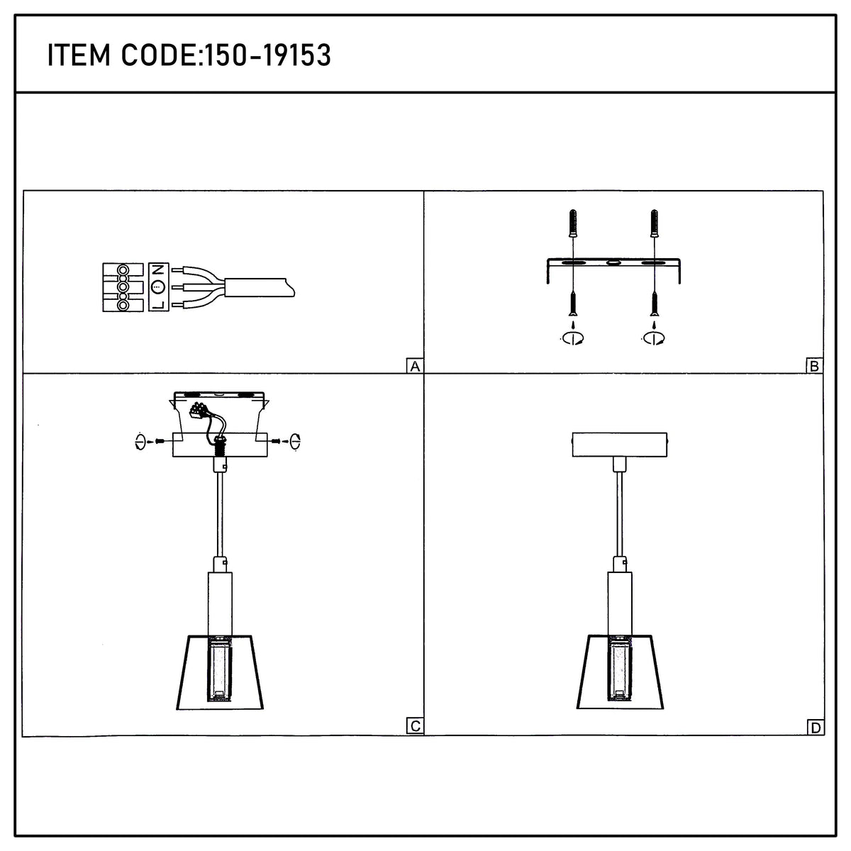 A diagram showing different stages to assemble a pendant light, item code 150-19153.