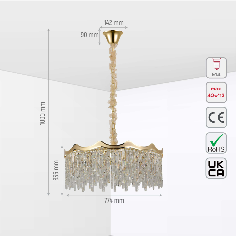 Size and tech specs of Crown Crystal Chandelier Ceiling Light | TEKLED 159-18096