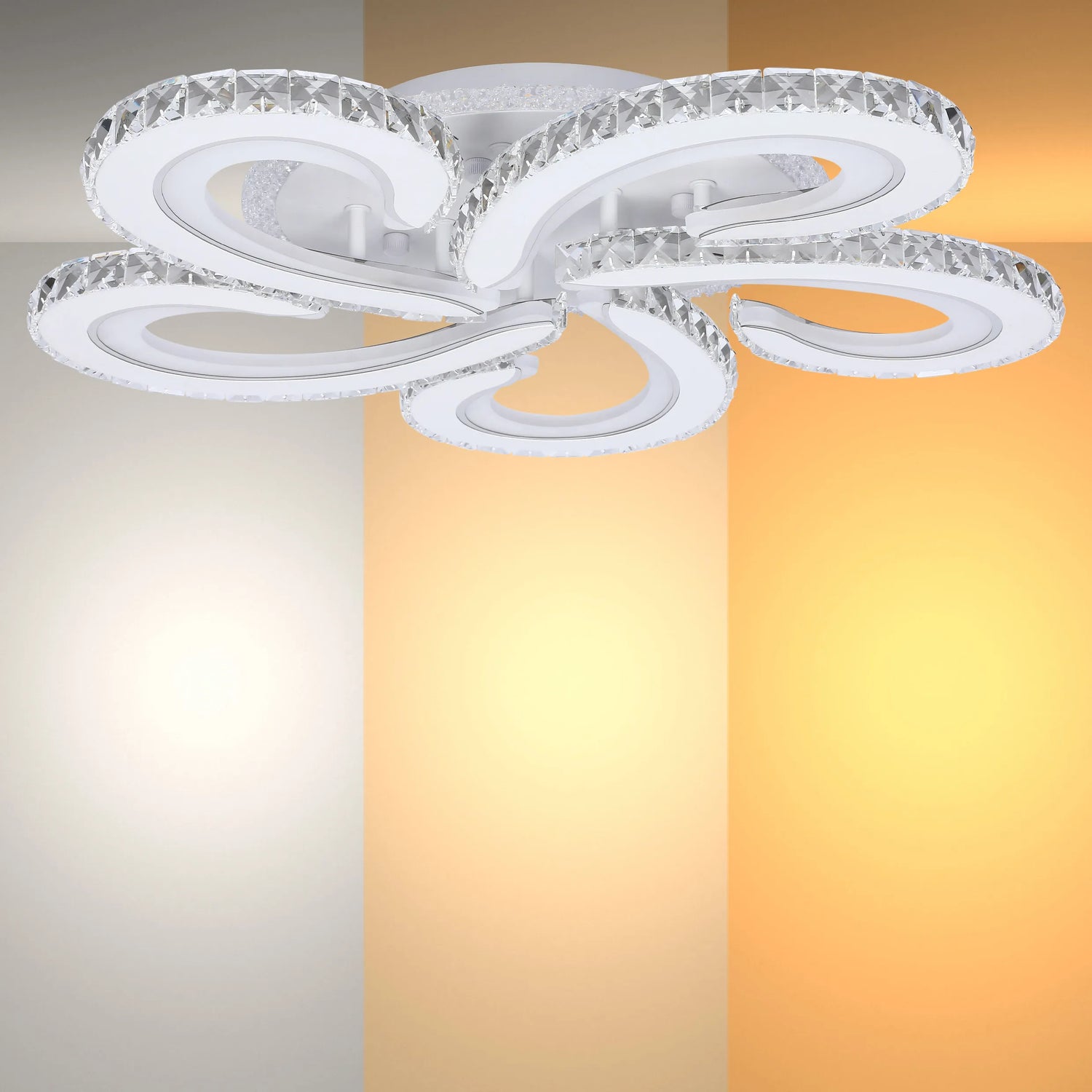 Modern LED ceiling light with crystal detailing and adjustable colour temperature. Perfect for ambient illumination.