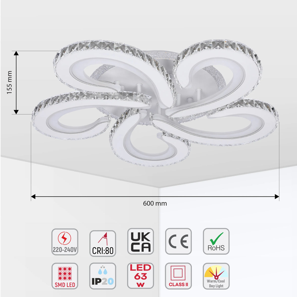 Modern LED ceiling light with crystal embellishments. Round, flower-like design. 600mm wide, 155mm height, 63W, and warm/cool day light.