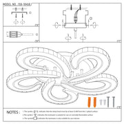 A modern, multi-light ceiling light with a swirling, organic design and a white finish. Instructions shown with screws and bolts.