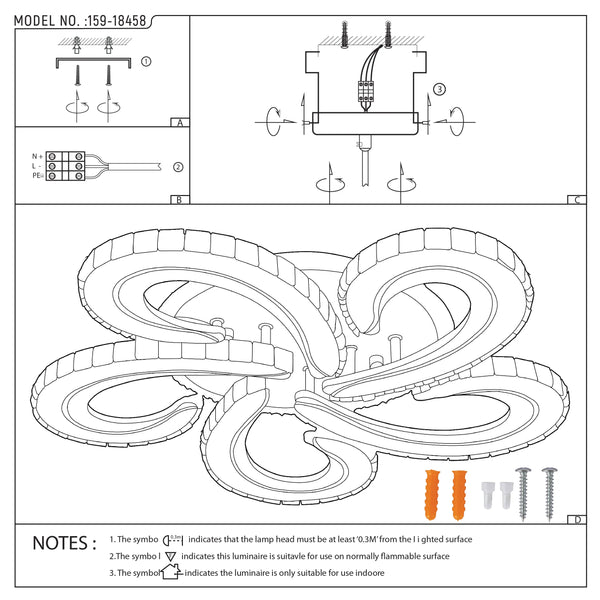 A modern, multi-light ceiling light with a swirling, organic design and a white finish. Instructions shown with screws and bolts.