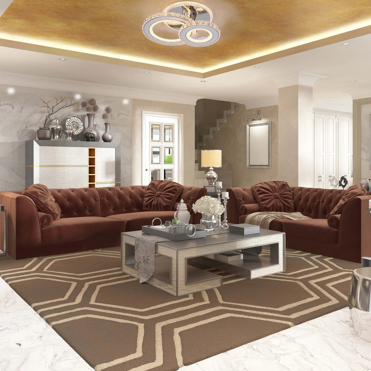 Statement lighting! A modern multi-ring LED ceiling light provides ambient illumination for this cosy living space.