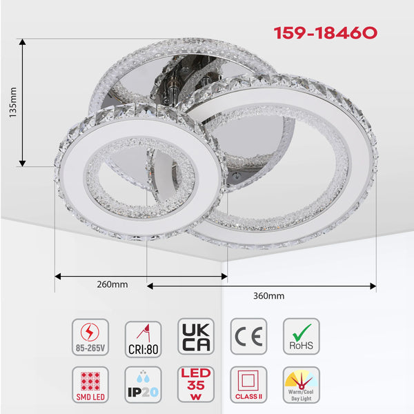 Contemporary ceiling light featuring crystal detailing and LED rings, dimensions shown.