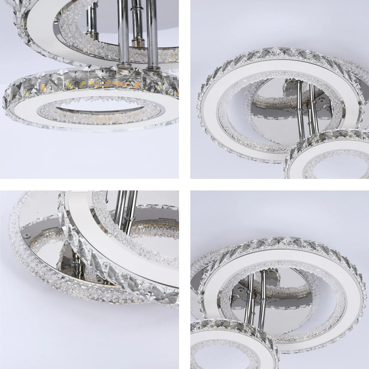 Modern LED ceiling light fixture with crystal detailing, suspended from polished chrome rods.