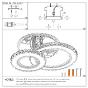 A multi-ring LED ceiling light with a chrome finish. Technical diagram showing assembly with fixings.