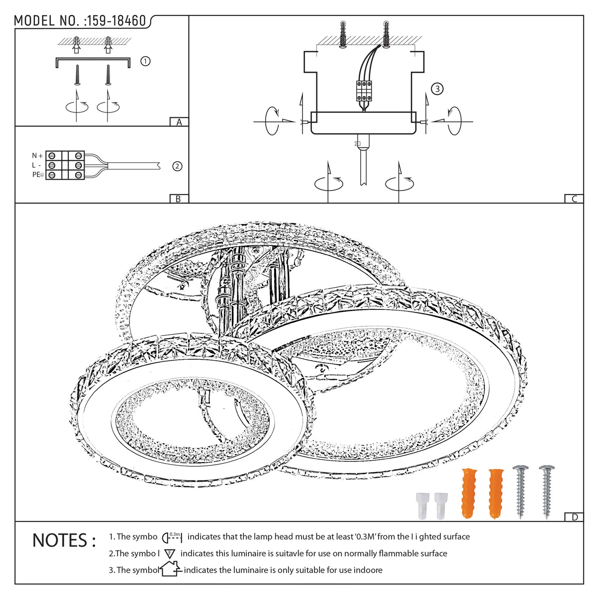 A multi-ring LED ceiling light with a chrome finish. Technical diagram showing assembly with fixings.