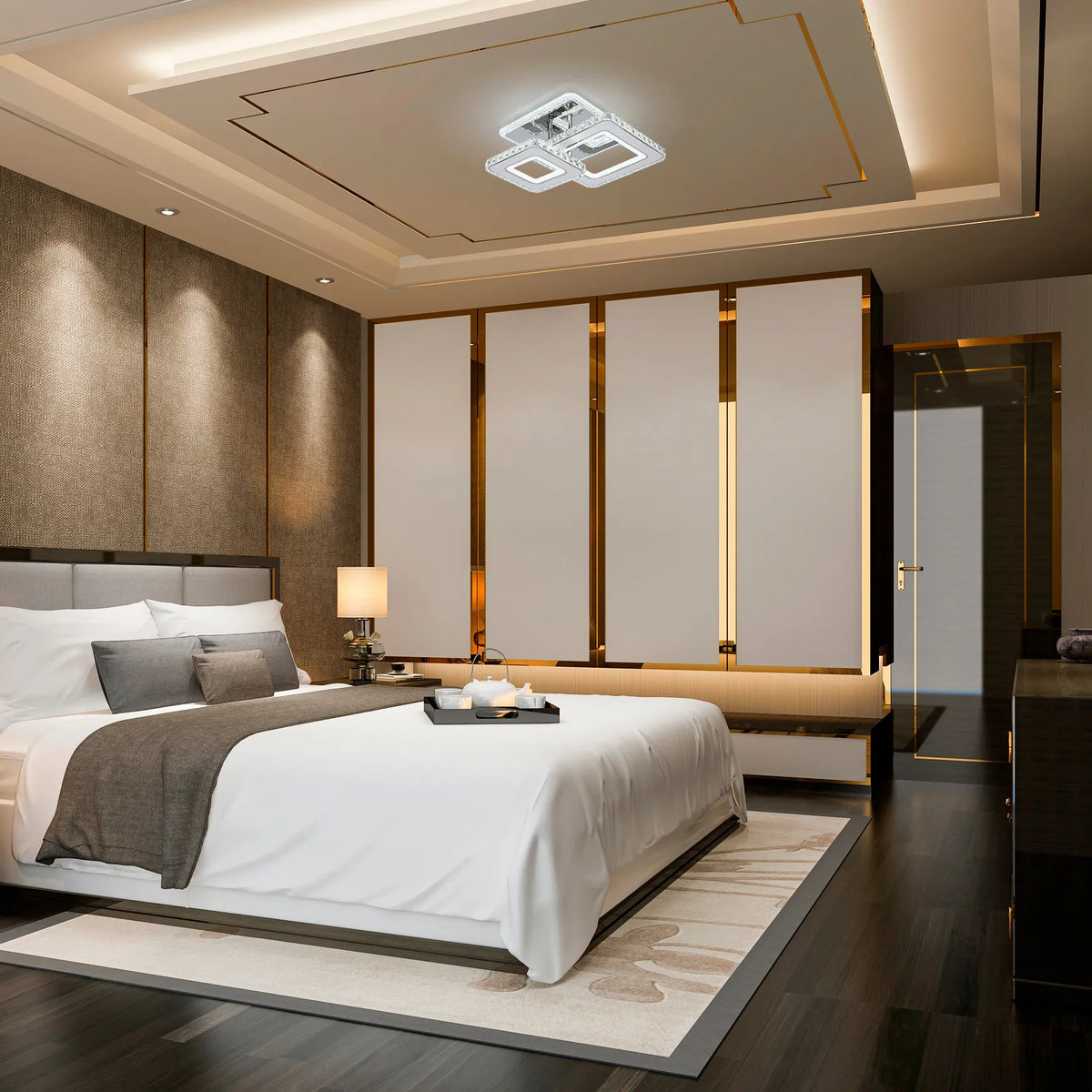 Modern bedroom with a ceiling light and bedside table lamp showcasing ambient and task lighting.