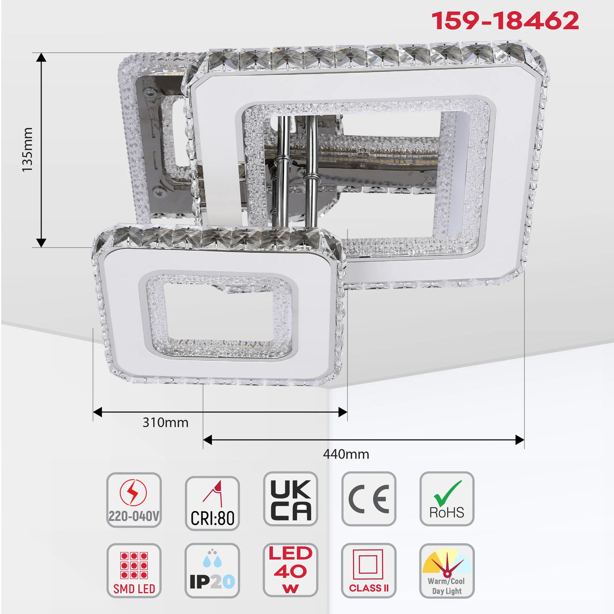 A modern crystal ceiling light with square LED panels. Dimensions: 440mm x 310mm x 135mm.