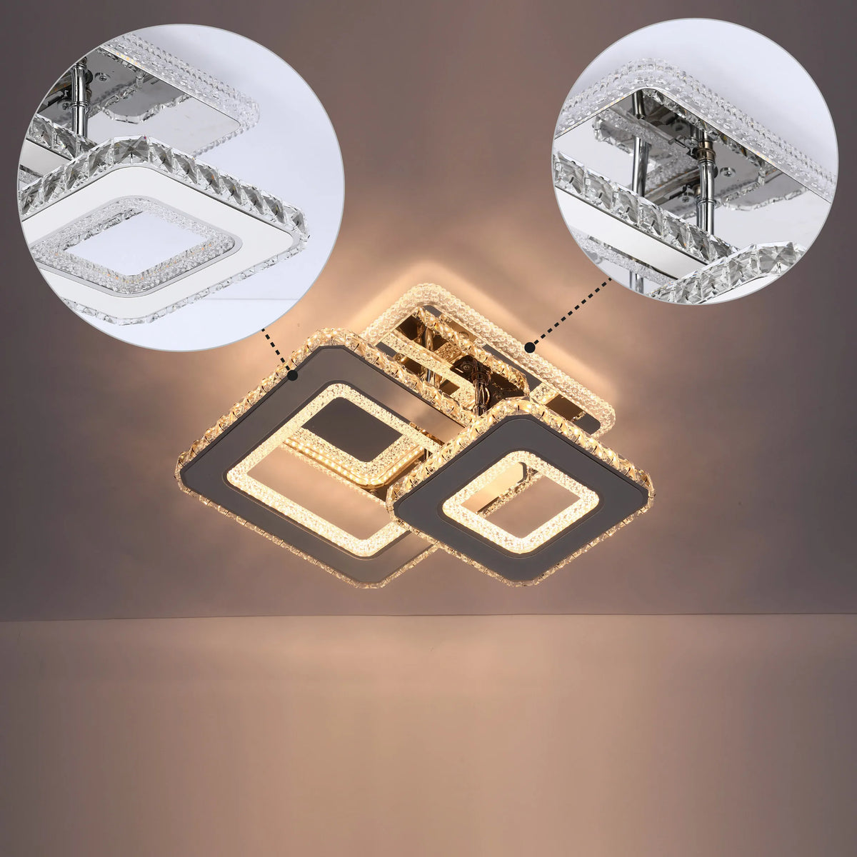 A modern chrome and crystal ceiling light with geometric square designs, providing a sleek and bright ambience.