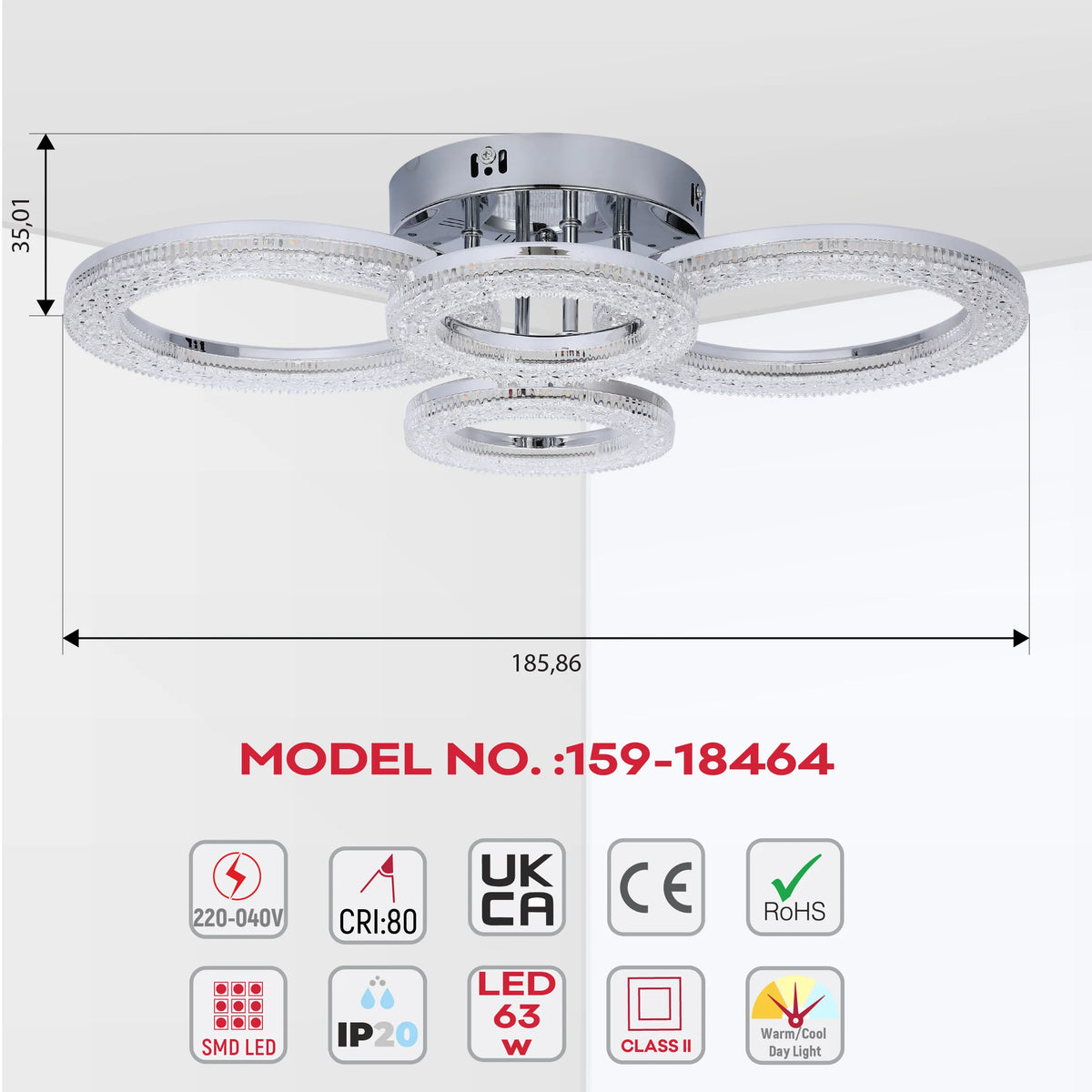 A modern ceiling light with four illuminated rings in a chrome finish. Dimensions: 185.86cm x 35.01cm. Uses 63W LEDs.