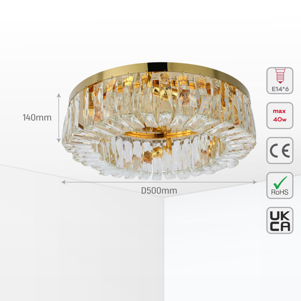 Crystal Round Flush Chandelier Light D500 Gold E14x6