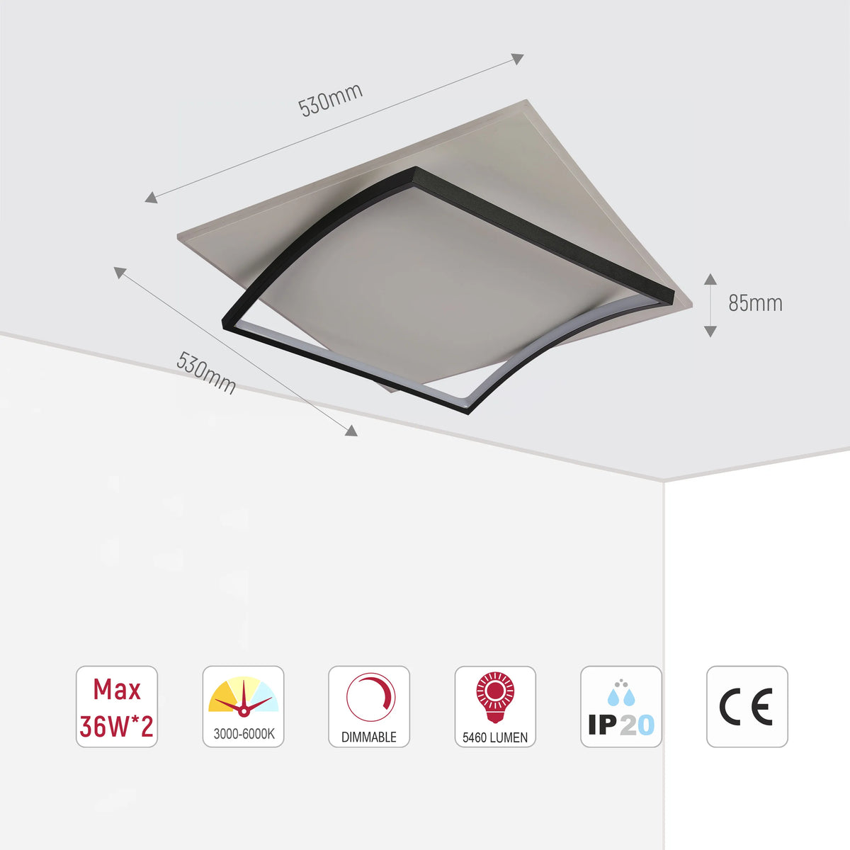 Curved-Frame LED Ceiling Light, CCT Tunable with Remote, 72W, Flush Mount, LED Flush Ceiling Light, TEKLED