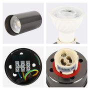 A selection of modern spotlights, featuring close-ups of the lamp, bulb and wiring within.