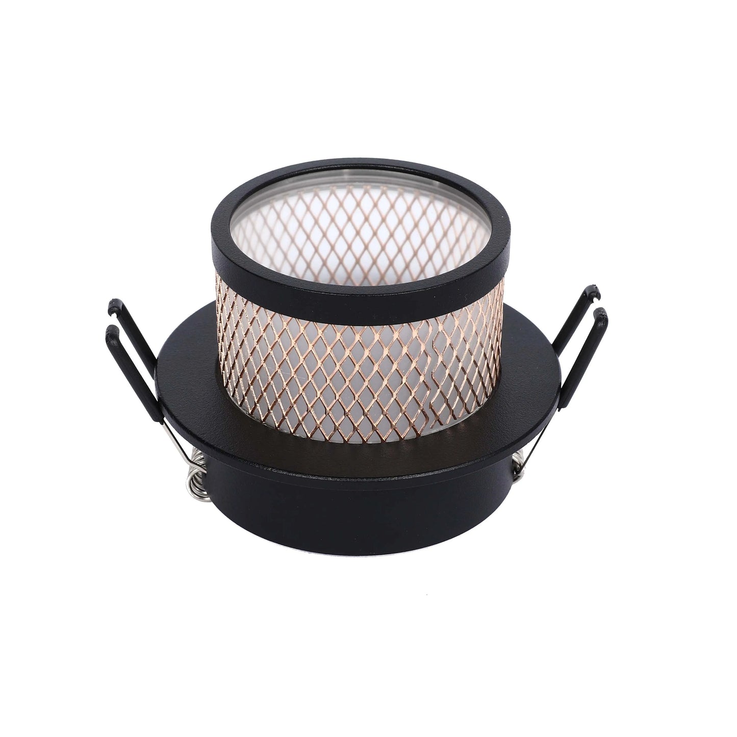 Stylish black recessed downlight with a decorative mesh cage, providing a blend of modern aesthetics and functional illumination.