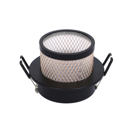 Stylish black recessed downlight with a decorative mesh cage, providing a blend of modern aesthetics and functional illumination.