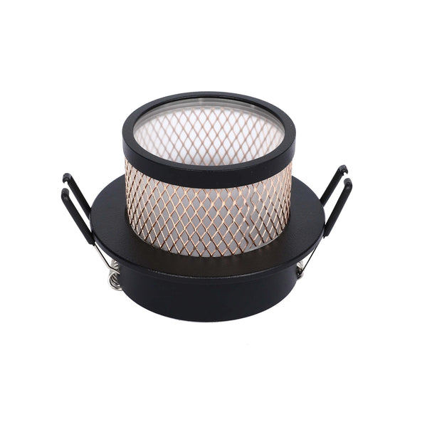 Stylish black recessed downlight with a decorative mesh cage, providing a blend of modern aesthetics and functional illumination.