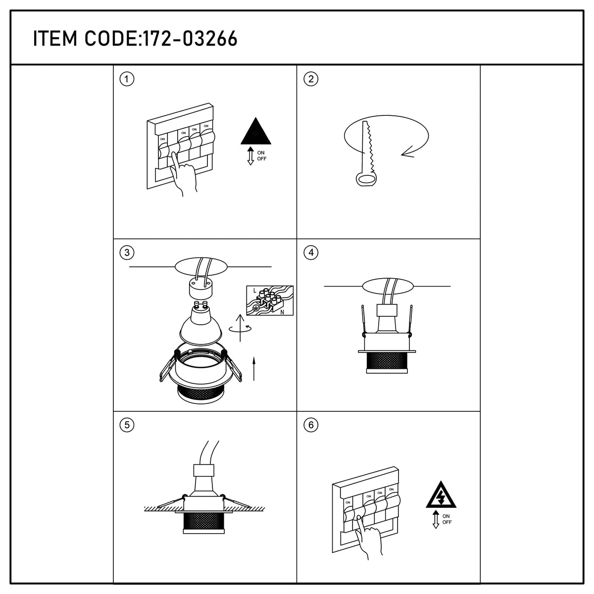 A guide to installing a ceiling light, with six stages. Includes turning the power off and connecting the wires.