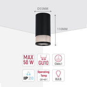 A cylindrical downlight in black and gold finish, highlighting its dimensions, wattage, bulb type and other specifications.