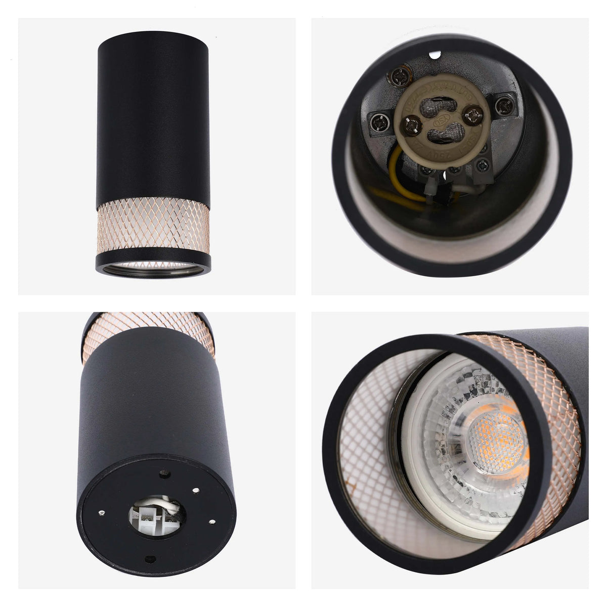 Four views of a stylish black cylindrical spotlight with a metallic mesh diffuser, showcasing its design and components.
